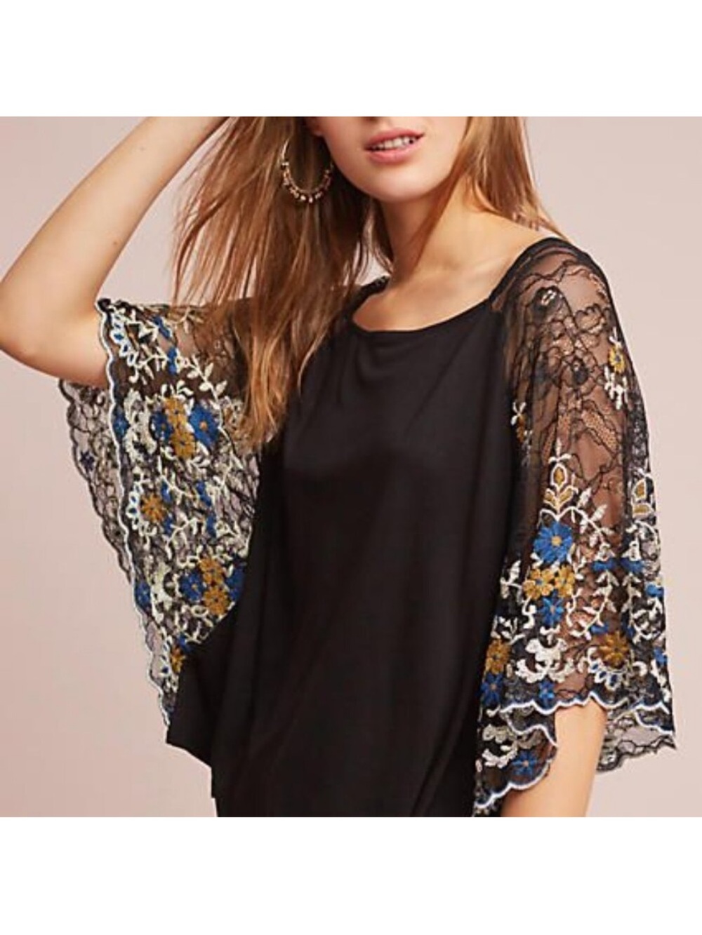 Anthropologie Akemi + Kin black calista embroidered lace sleeve top XL